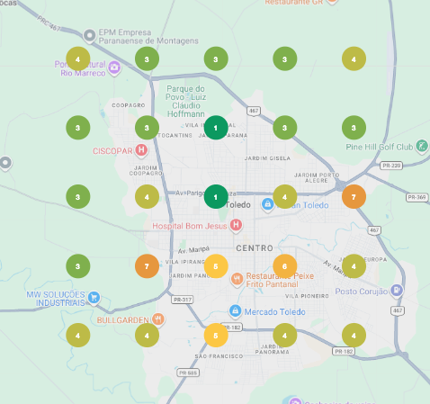 Mapa da análise local com posições estimadas em pontos da região