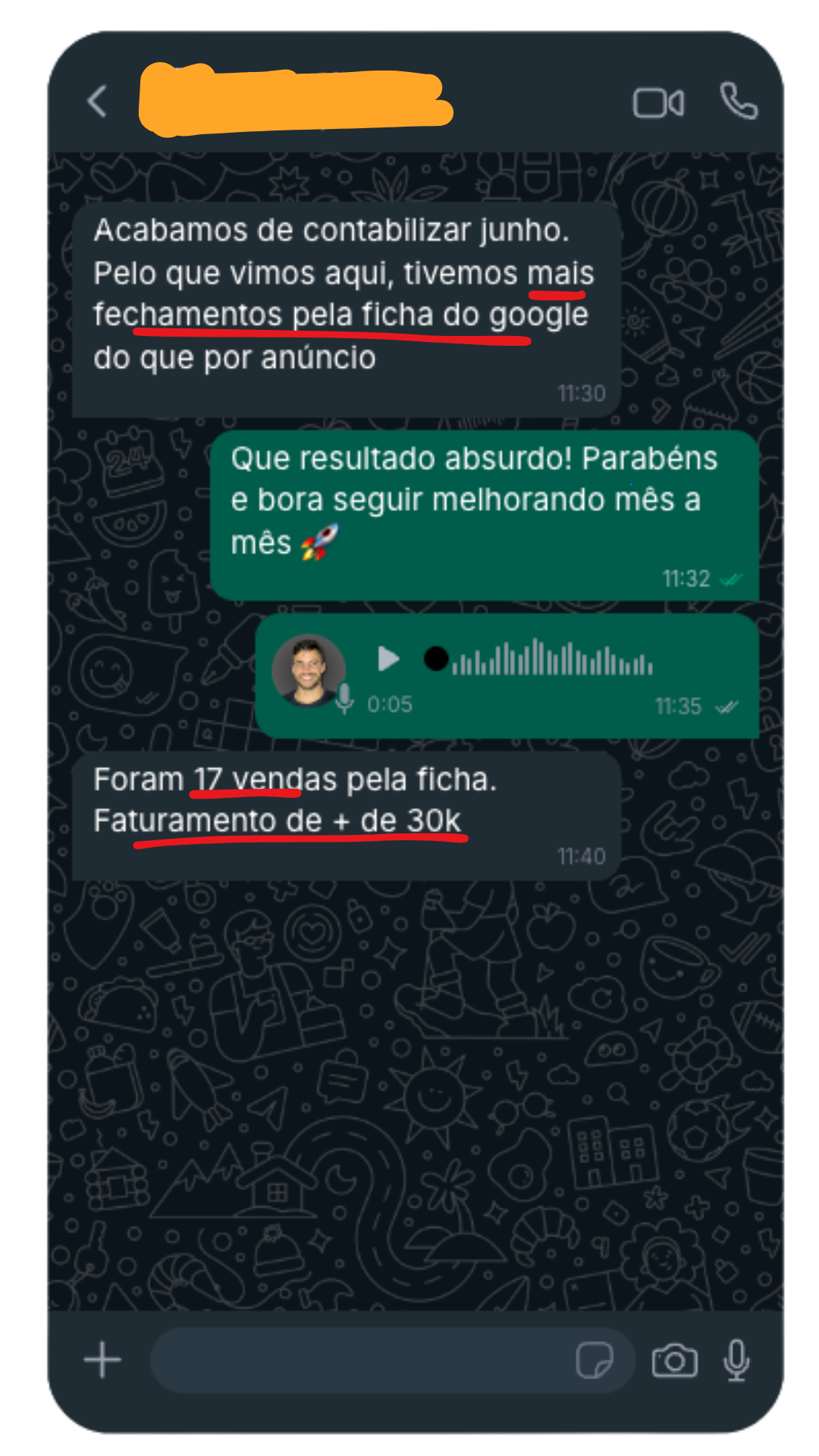 Conversa em que o cliente relata mais fechamentos pela ficha do Google do que por anúncios e 17 vendas pela ficha